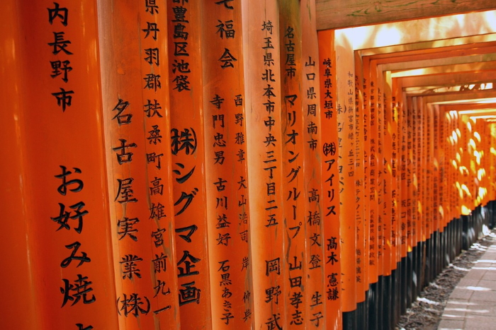 Scritte sui torii del santuario Fushimi Inari a Kyoto